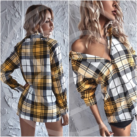 plaid button down long sleeve top - MUSTARD - Picture 6 of 7